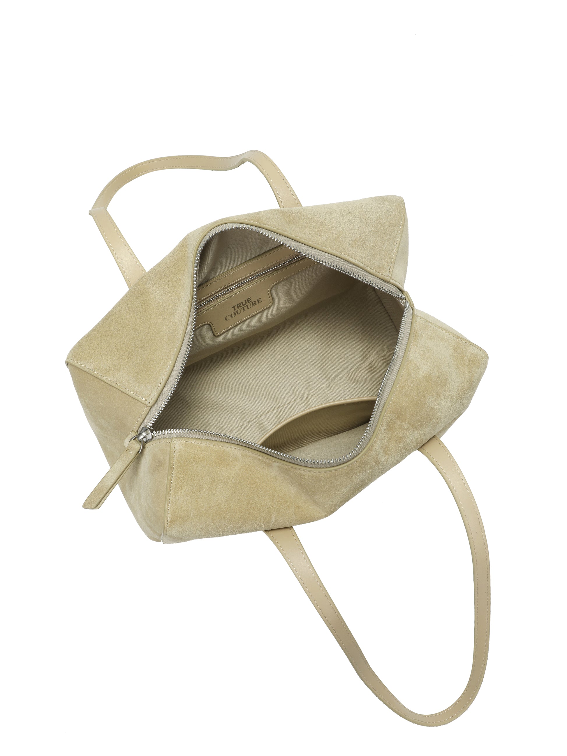 Beige suede tote handbag with zipper closure and leather straps, open to show interior pockets