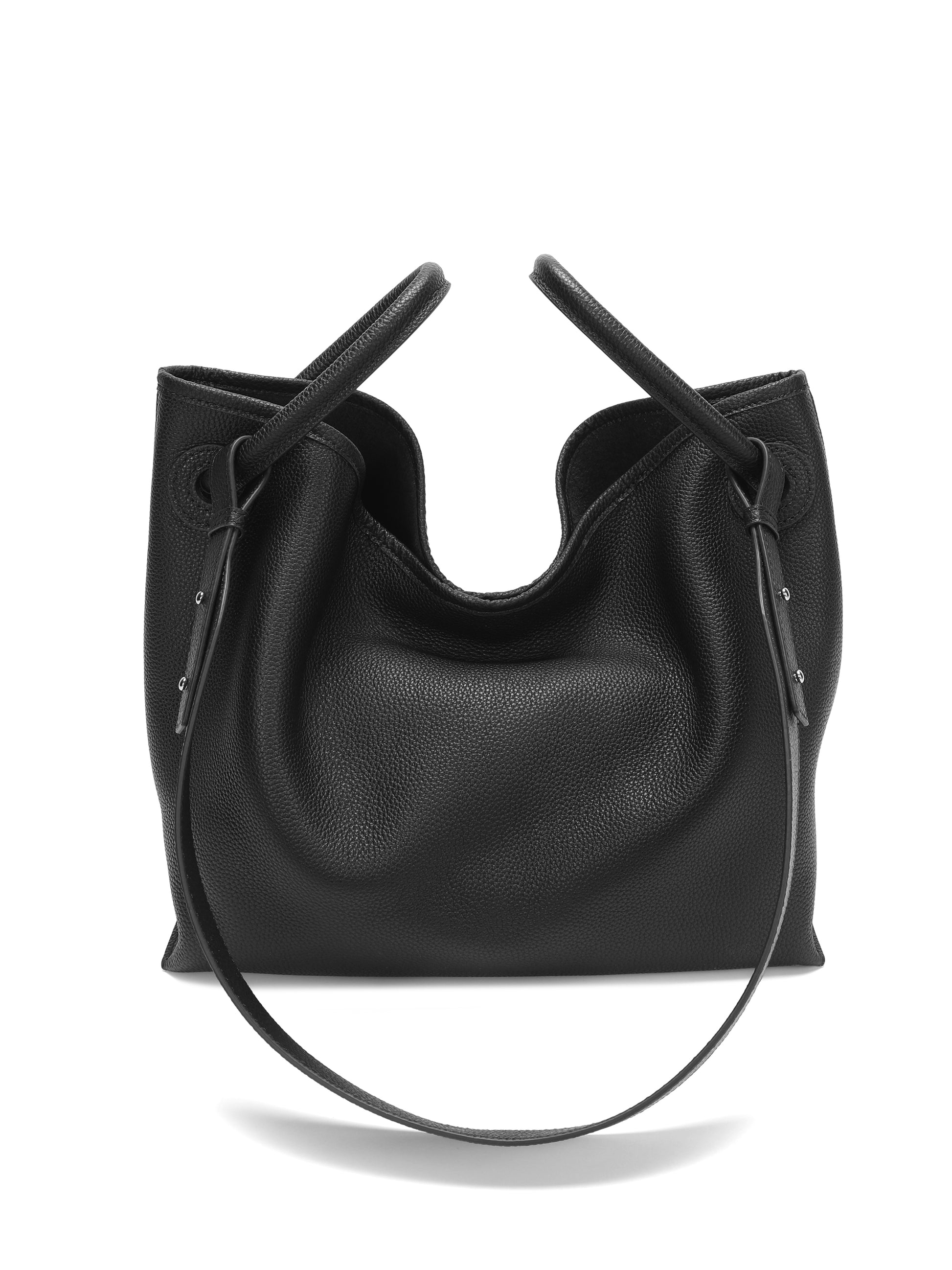 Black leather tote handbag with textured finish and single shoulder strap on white background