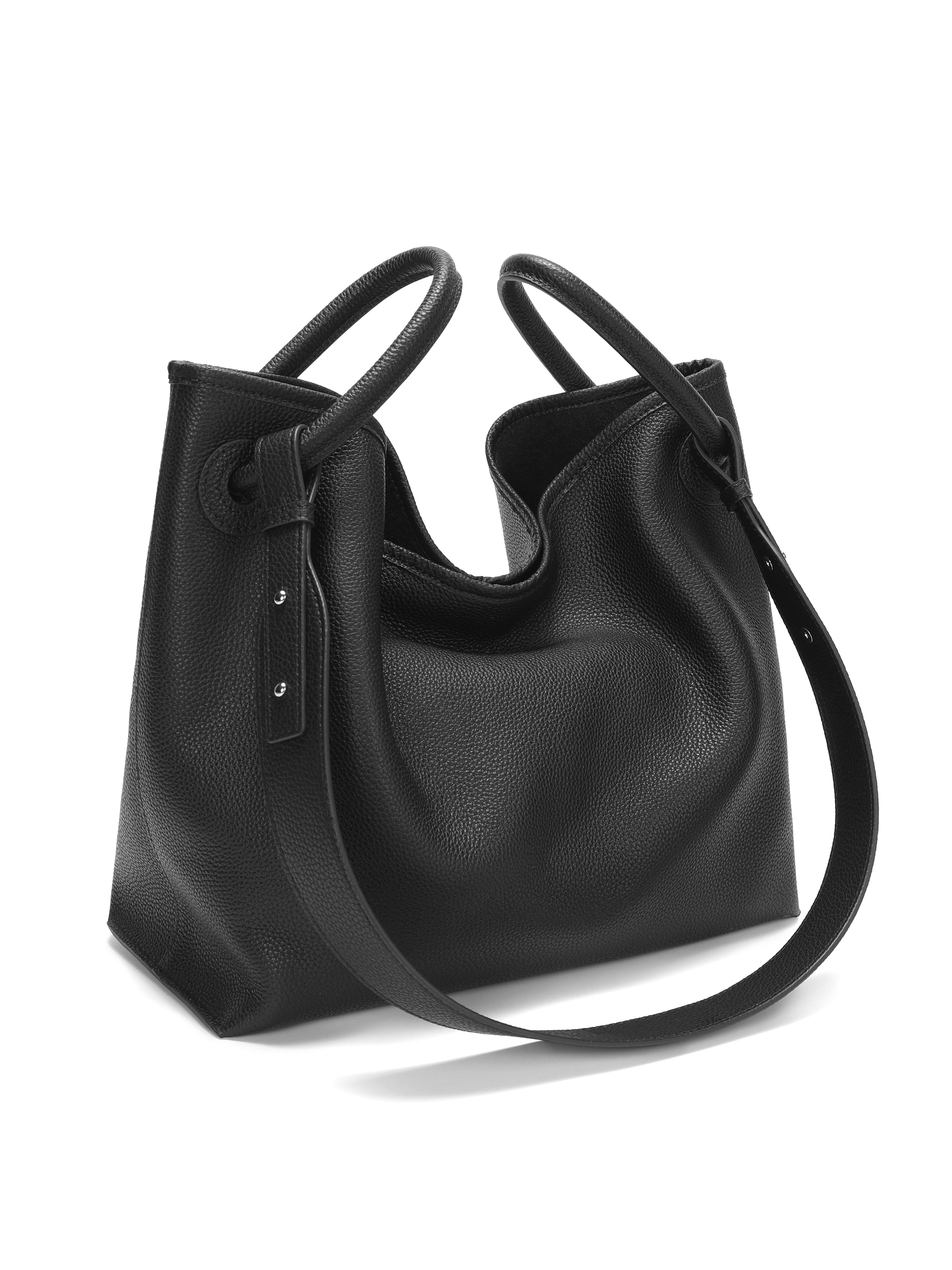 Black leather tote handbag with double handles and pebbled texture on white background