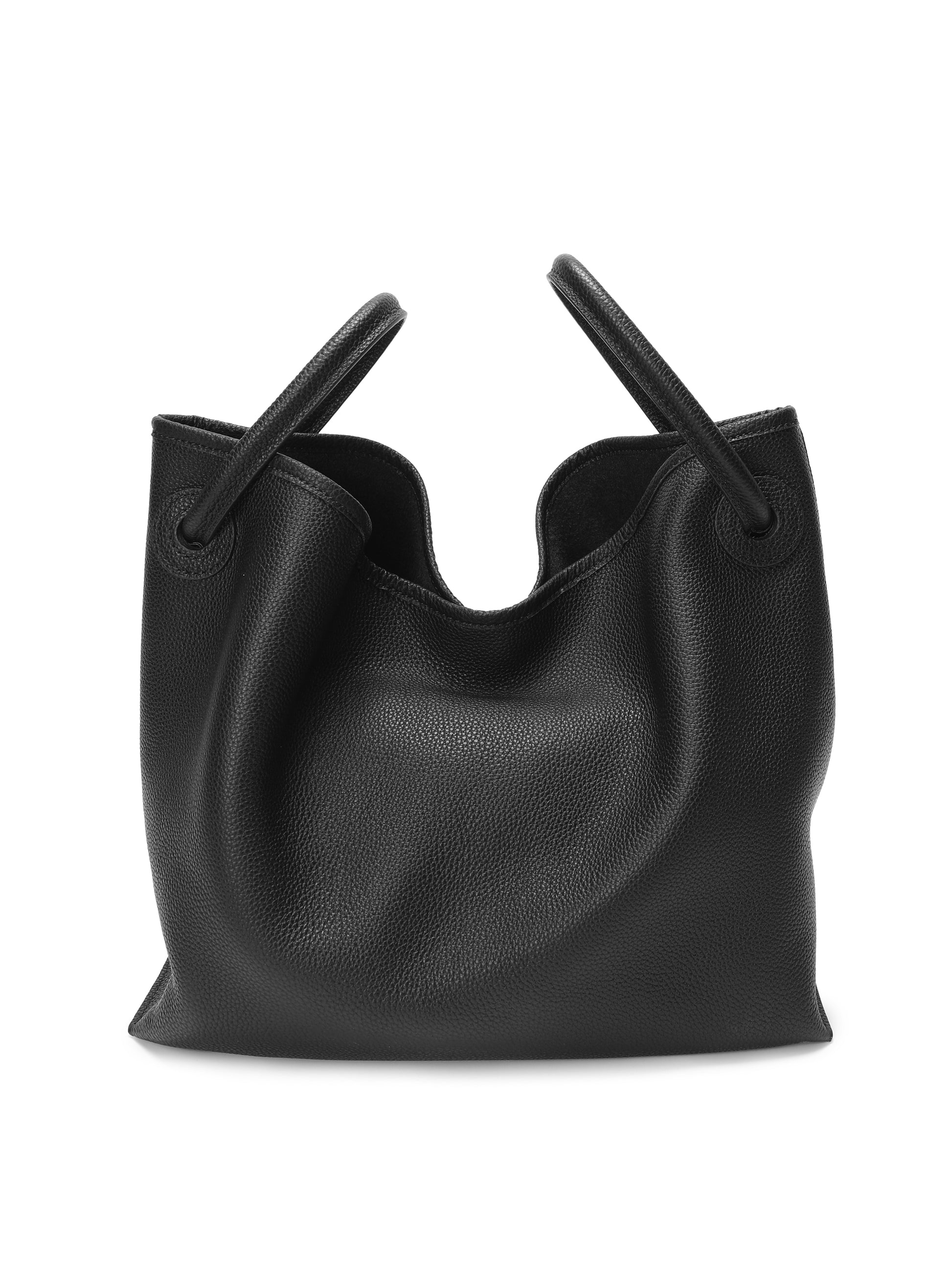 Black leather tote handbag with double handles and a slouchy, textured design