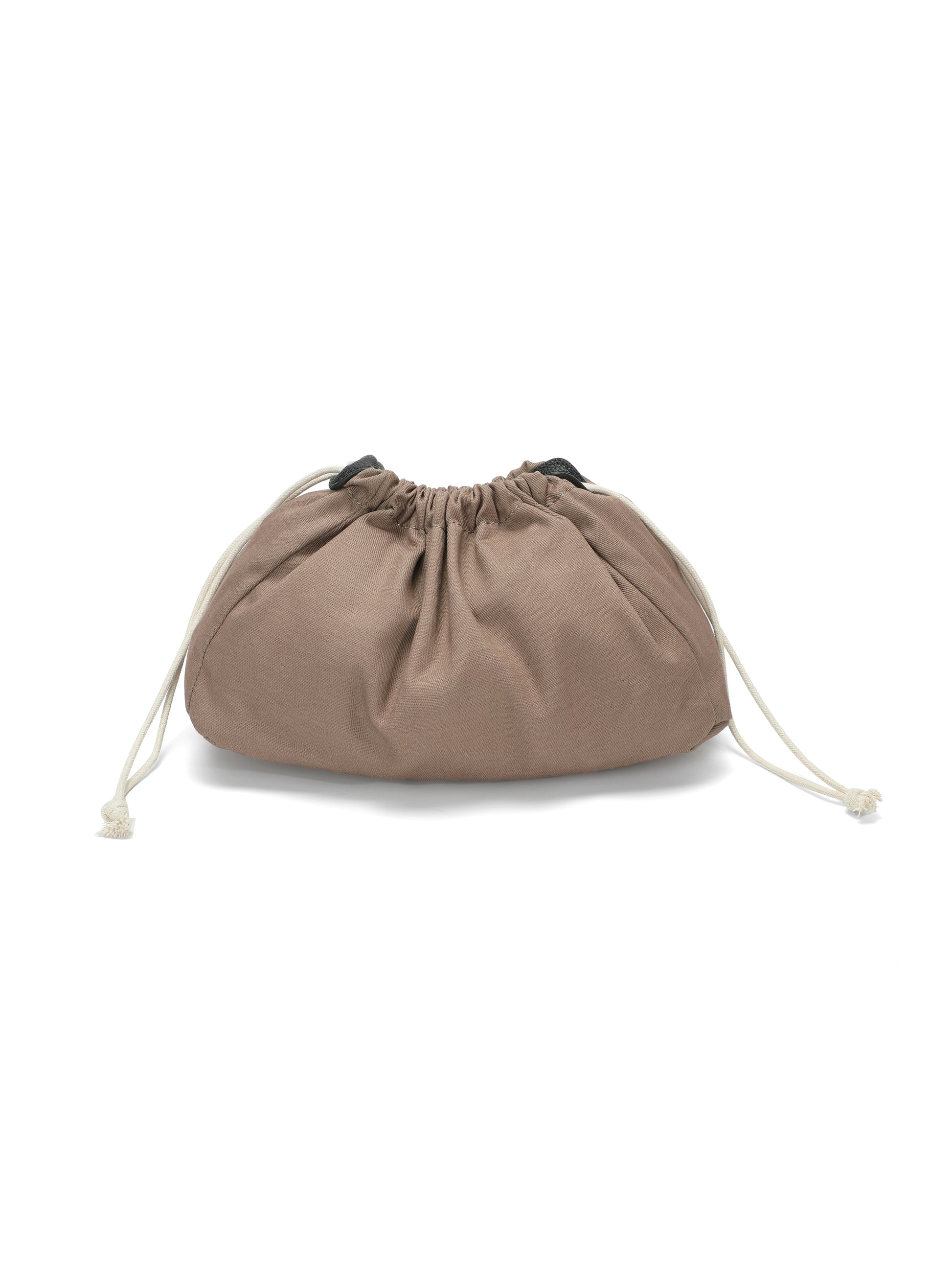 Taupe canvas drawstring handbag with ruched design and white cord handles on white background