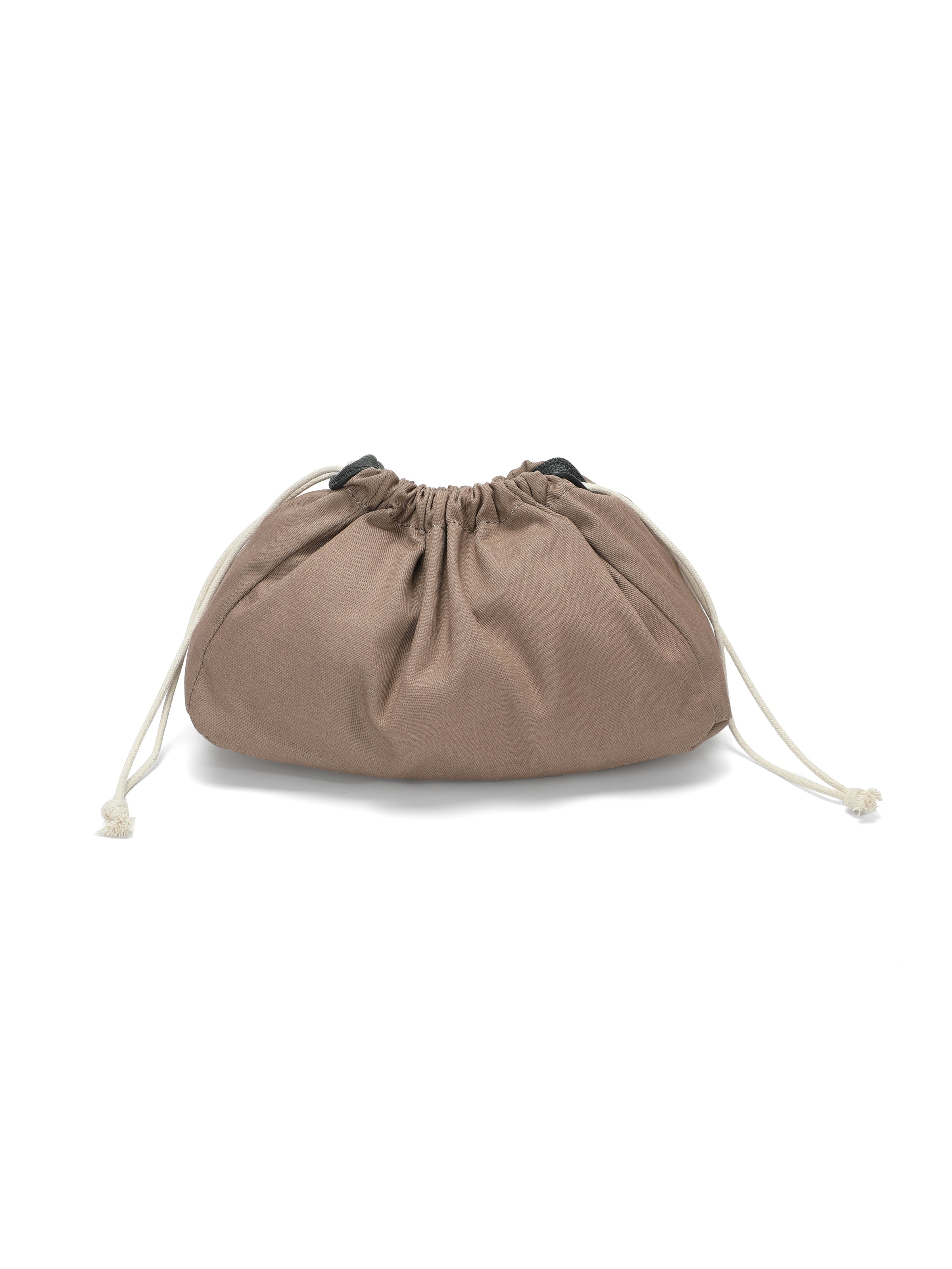 Taupe canvas drawstring handbag with ruched design and white cord handles on white background