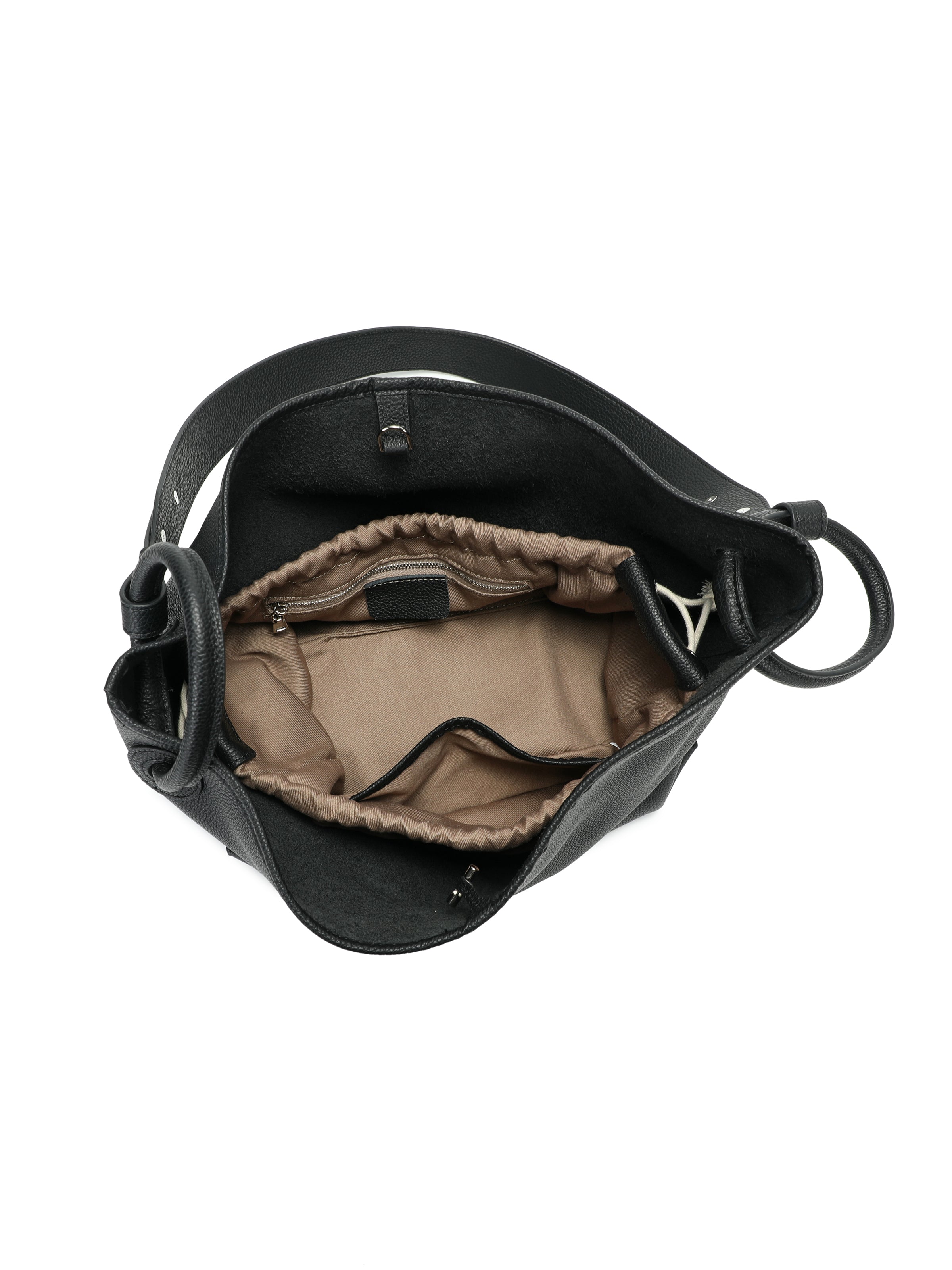 Black leather bucket bag with spacious tan fabric interior and zippered pocket