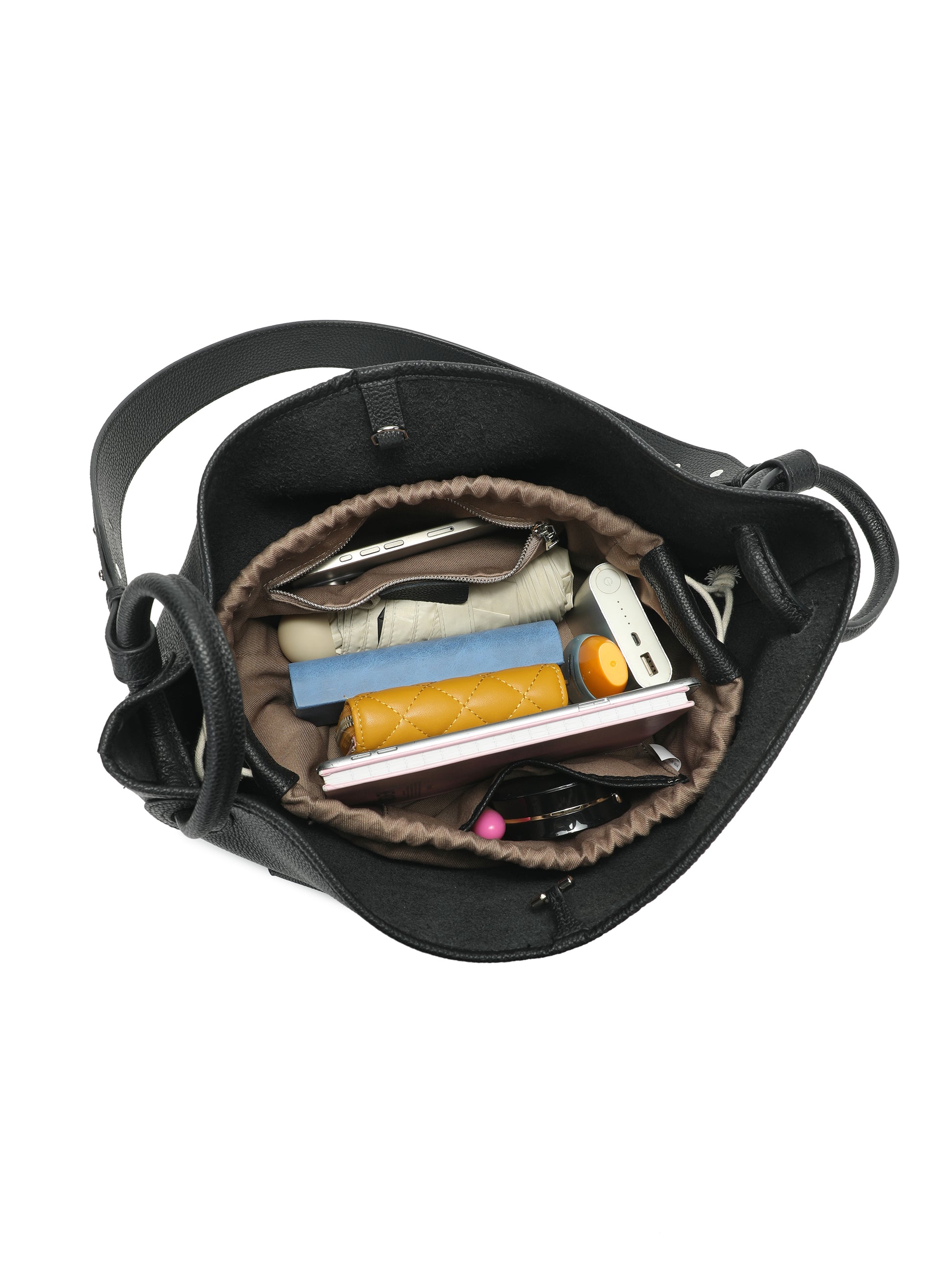 Black leather bucket handbag with spacious interior and organized compartments