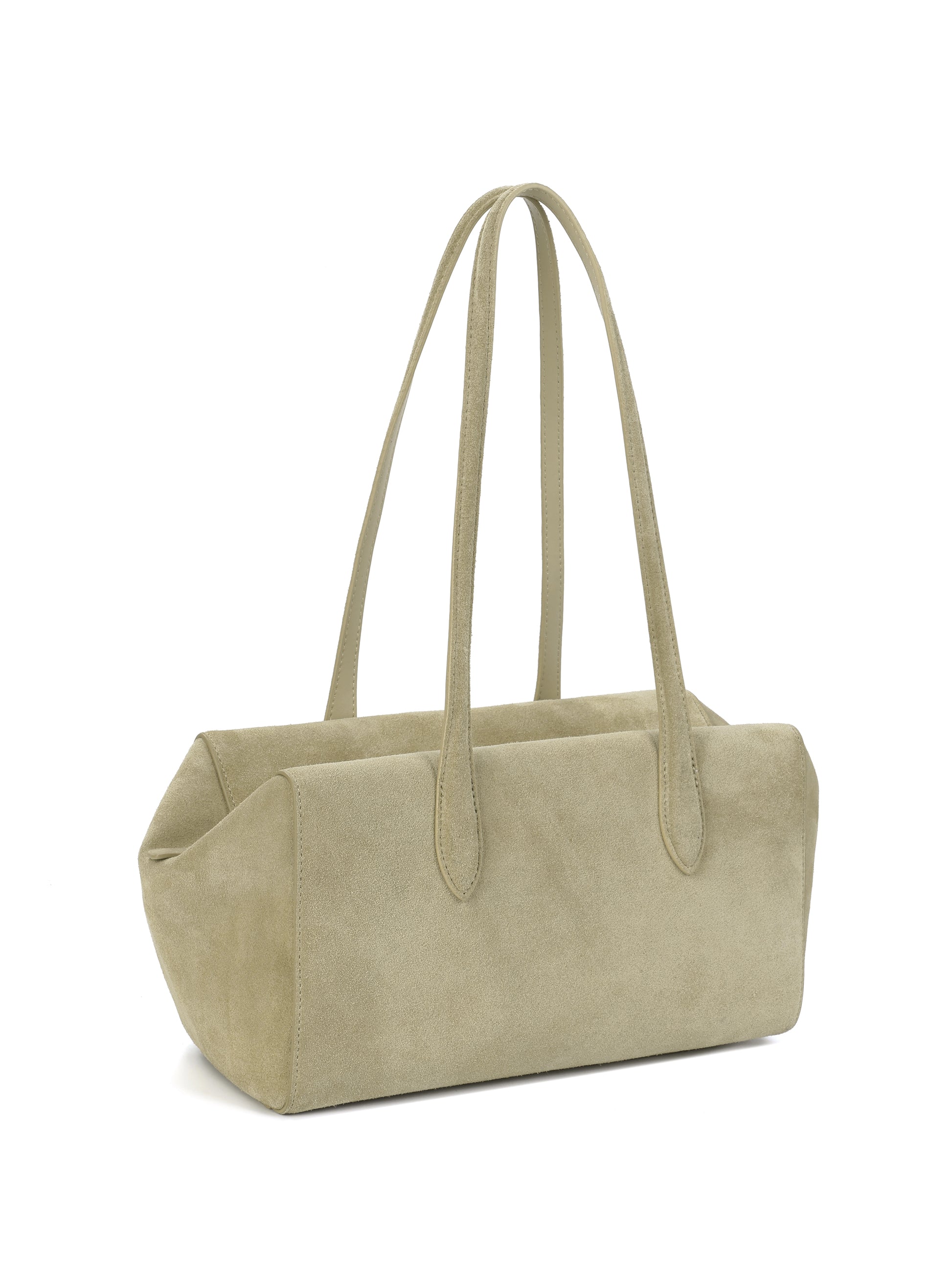 Beige suede rectangular handbag with double shoulder straps on white background