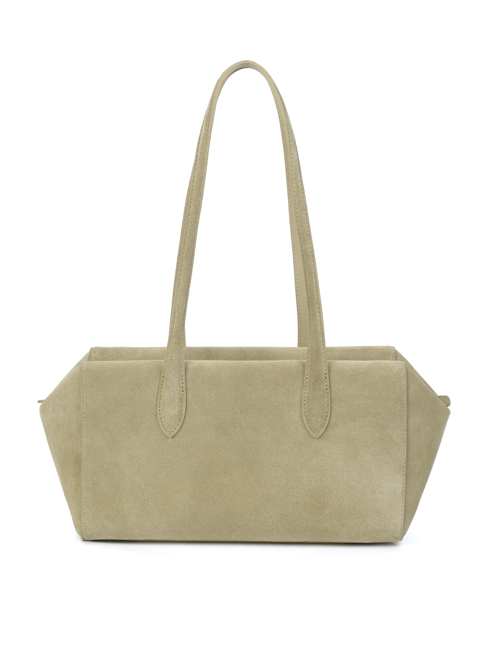 Beige suede tote handbag with long straps and geometric side panels on white background