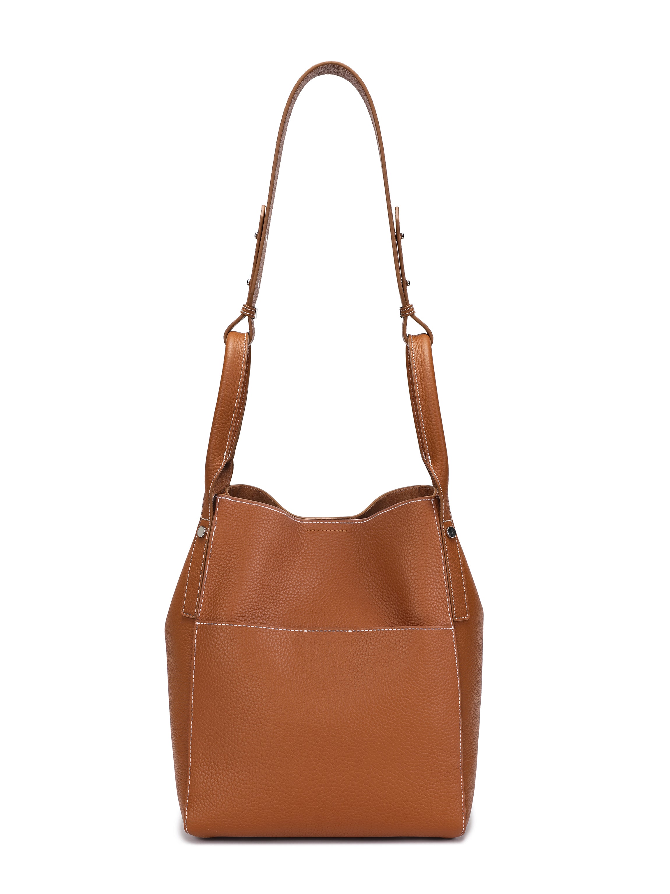 Brown leather shoulder bag with adjustable strap and front pocket, minimalist bucket design